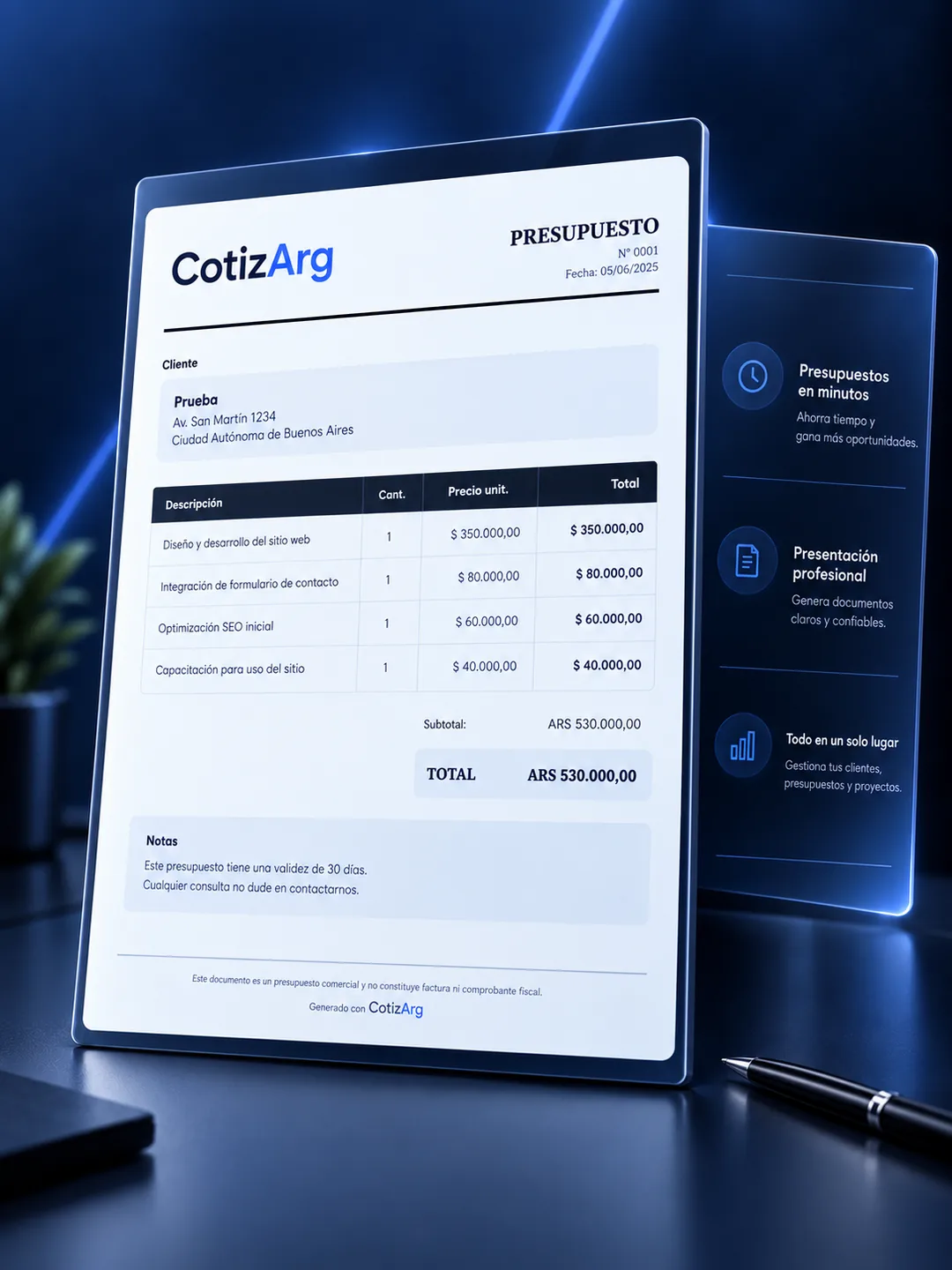 Ejemplo de presupuesto profesional creado con Cotizarg