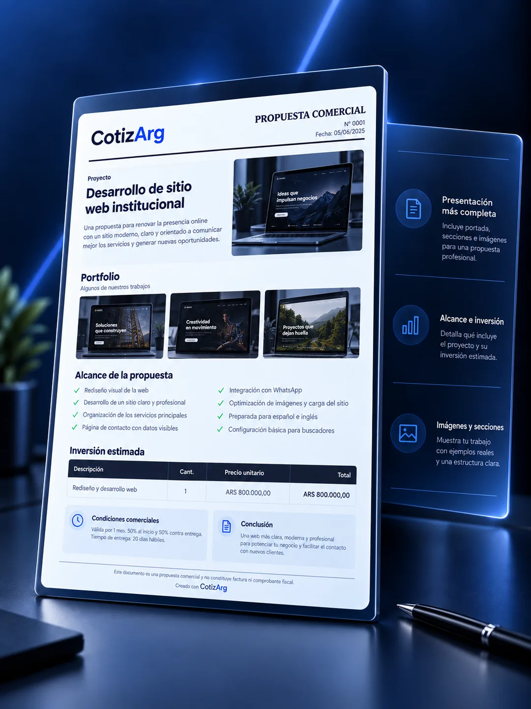Ejemplo de propuesta comercial creada con Cotizarg